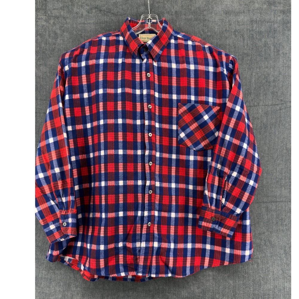 Open Trails Flannel Shirt Mens 3XL Red Blue White 100% Cotton Relaxed Plaid VTG